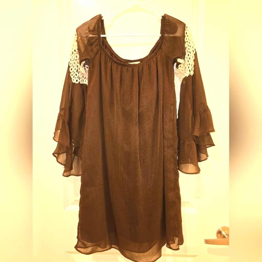 Chic Brown Dress with Lace Sleeves VaVa, womens dress